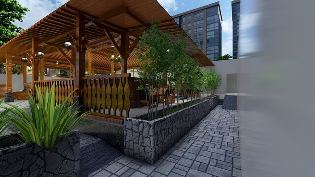Exterior of a Central Javanese Joglo house. 3D rendering
