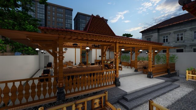Exterior of a Central Javanese Joglo house. 3D rendering
