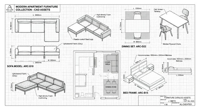 Modern apartment furniture collection cad assets technical drawing