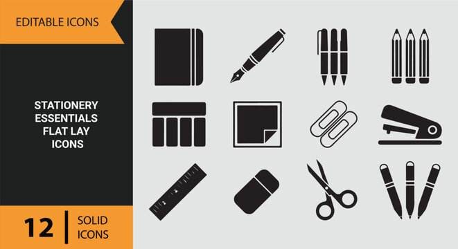 Essential Stationery Collection for Office School and Creative Use Icons