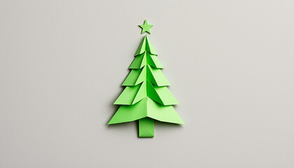 Obraz premium Minimalist Green Origami Christmas Tree Paper Craft on Isolated Background