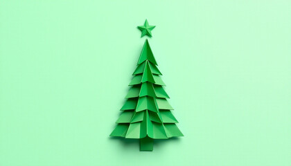 Obraz premium Minimalist Green Origami Christmas Tree Paper Craft on Isolated Background