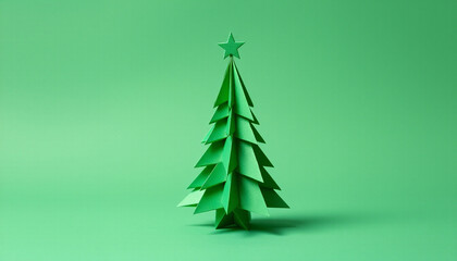 Fototapeta premium Minimalist Green Origami Christmas Tree Paper Craft on Isolated Background