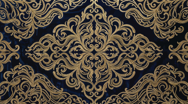 Luxury gold damask pattern on dark blue background, seamless ornate wallpaper design with intricate filigree swirls and vintage baroque elements
