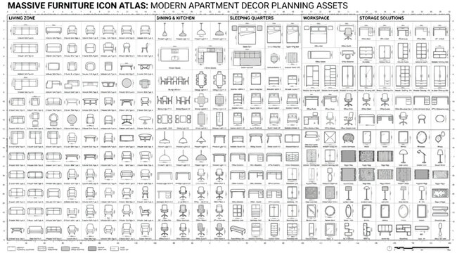 Massive furniture icon atlas for modern apartment decor planning and interior design assets