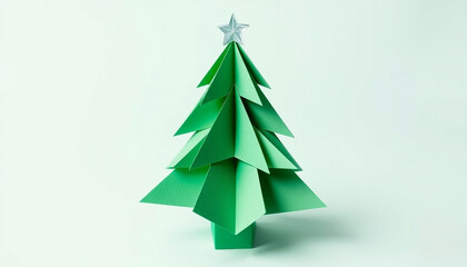 Obraz premium Minimalist Green Origami Christmas Tree Paper Craft on Isolated Background