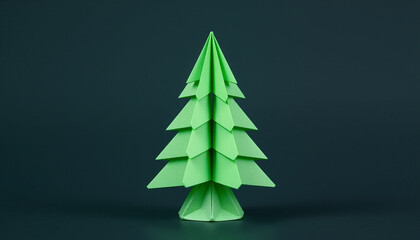 Fototapeta premium Minimalist Green Origami Christmas Tree Paper Craft on Isolated Background