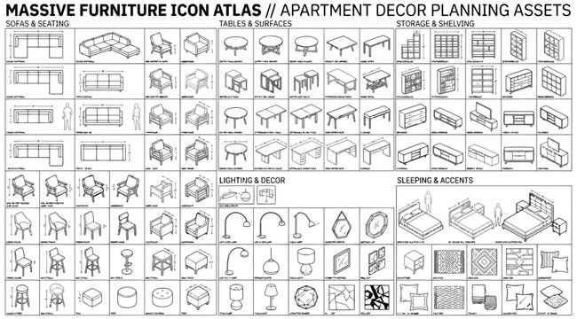 Massive furniture icon atlas for apartment decor planning and interior design elements