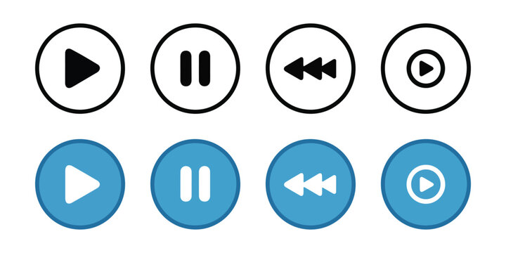 Circular media player controls with blue and black options. play pause and rewind buttons.