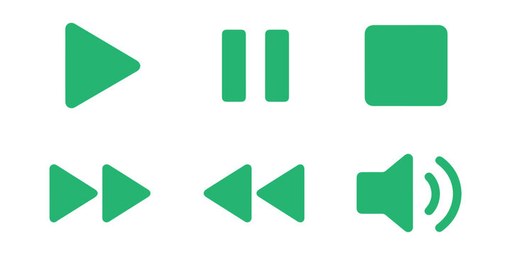 Green media player icons play pause stop rewind fast forward speaker on transparent background.