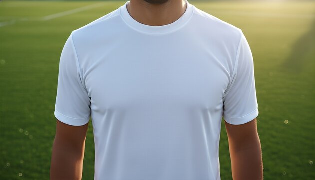 Hispanic man wearing a blank white soccer jersey standing on a professional soccer field