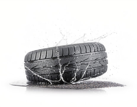 Macro photography of car tire tread pattern on wet asphalt with rain water splash isolated on white background.
