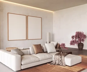 Fototapete Japandi Sofa and picture frame mockup template in japandi minimalism living room with pink plant  © Viktoria Kovalchuk