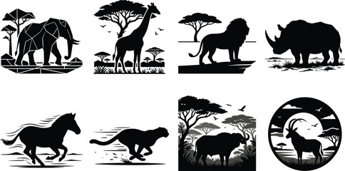 African safari wild animals silhouette set featuring elephant giraffe lion rhinoceros zebra cheetah buffalo and antelope icons © Sobuz
