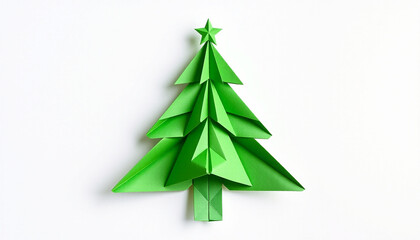 Obraz premium Minimalist Green Origami Christmas Tree Paper Craft on Isolated Background