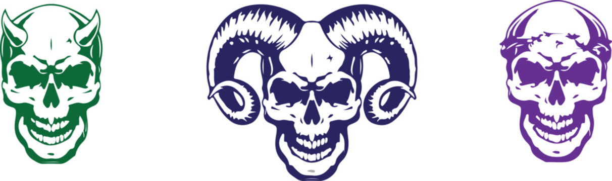 Three stylized skulls with devil and ram horns Vector, illustration