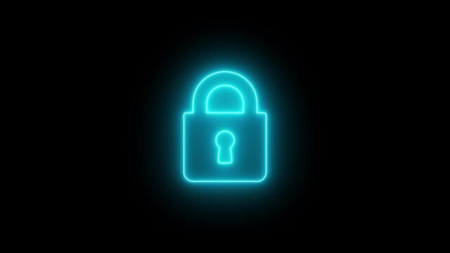 glowing neon padlock icon animation cyber security data protection secure access authentication privacy encryption digital safety technology concept on black background