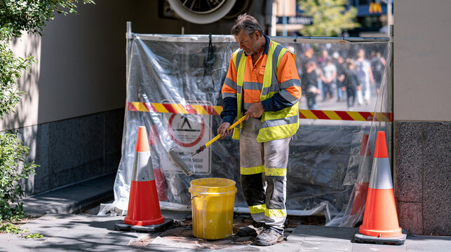 Urban graffiti removal crew working on underpass wall in busy urban backdrop, candid unposed moment of worker applying solvent with roller, safety signage blocking pedestrian lane, exhaust ventilati
