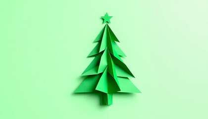 Obraz premium Minimalist Green Origami Christmas Tree Paper Craft on Isolated Background