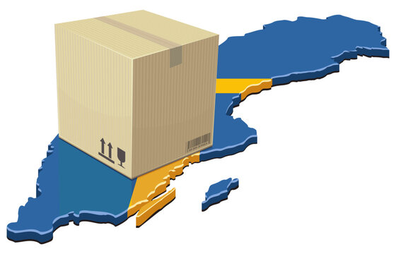 Vector artwork symbolizing swedish national logistics, postal delivery service, international import export trade, and e-commerce shipping inside the map of Sweden, (cut out)