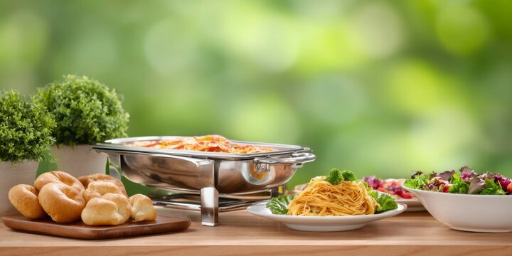 the table with chafing dishes, bagels and spaghetti, italian food background