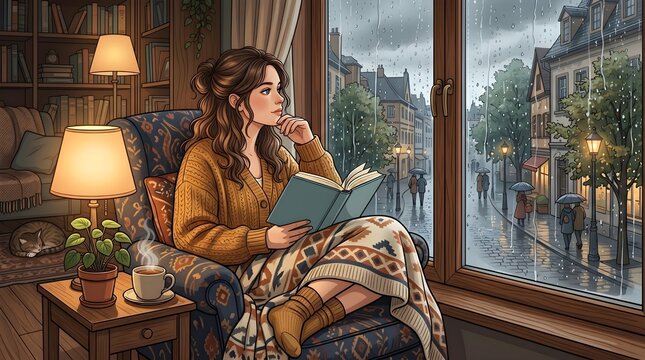 A woman finds serene comfort reading a captivating book by the window, observing the gentle rain on a quaint street