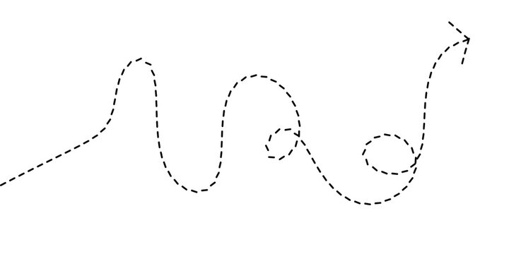 Abstract dashed line representing a winding path or journey with a clear directional arrow indicating progress and movement forward