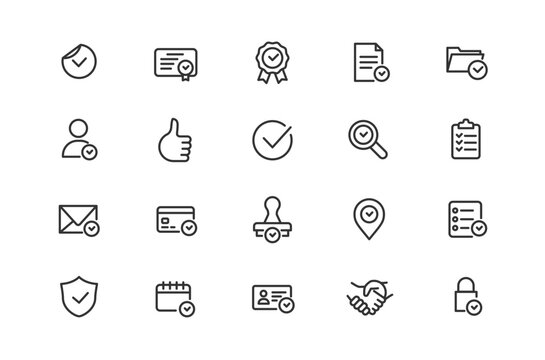 Checkmark and approval line icons set. Success, vote, feedback, and document validation outline symbols collection.