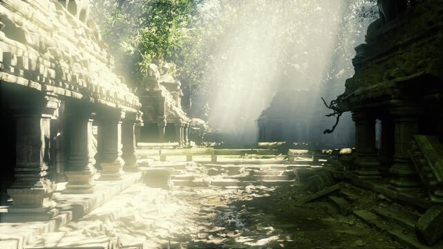 Sunlit ancient temple courtyard with beams, soft dust motes drifting through warm rays, weathered stone columns lining mossy walkways, shallow reflective pools