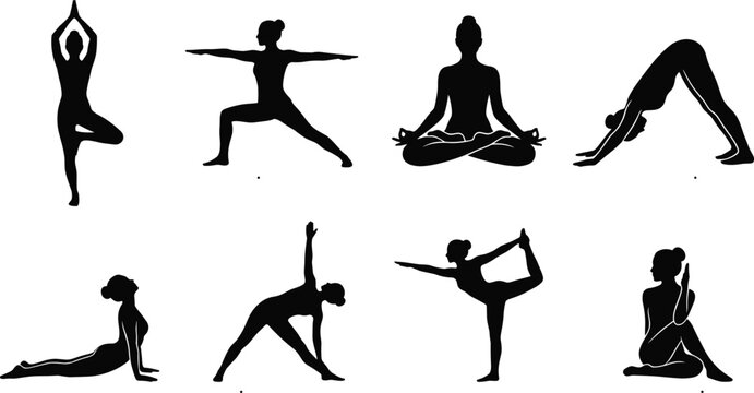 Collection of women yoga poses black silhouettes including lotus position tree pose downward dog and warrior isolated on white background