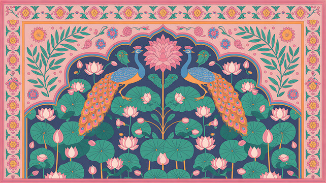 Illustration of a mughal garden with peacocks, parrots, plants, and trees, featuring a botanical landscape pattern. Mughal Garden. Illustration