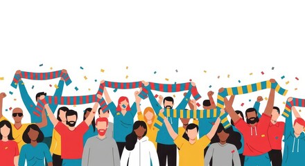 Obraz premium Diverse Group of Happy Sports Fans Cheering and Holding Scarves at a Stadium Event. Flat Vector Illustration of a Crowd Celebrating.