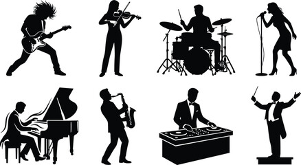 Musician silhouettes vector icon set with guitarist violinist drummer female singer pianist saxophonist dj and orchestra conductor icons © Sobuz