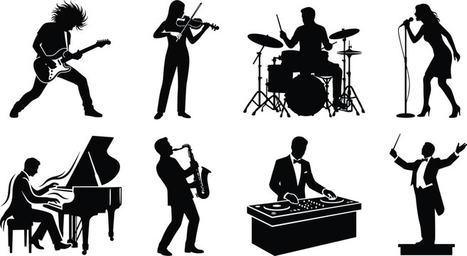 Musician silhouettes vector icon set with guitarist violinist drummer female singer pianist saxophonist dj and orchestra conductor icons