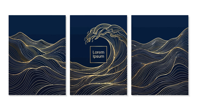 Set of three abstract posters with golden wave lines on dark blue background, triptych wall art