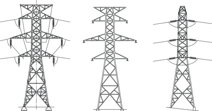 Set of high voltage transmission tower line icons and electrical pylon vectors for energy grid infrastructure design