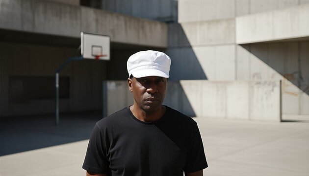Middle aged african american man wearing a blank white docker cap in an urban concrete park