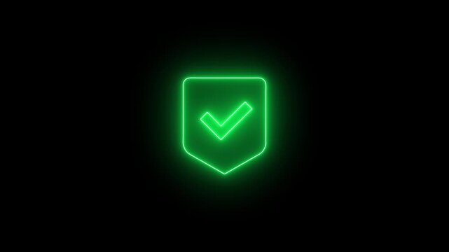 Neon glowing shield icon with a check mark inside, representing security, protection, verification, or success, isolated on a black background.