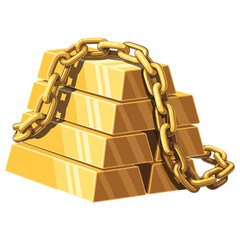 Stack of Shining Gold Bullion Bars Secured with a Heavy Metal Chain Illustration © Fauzi Studio