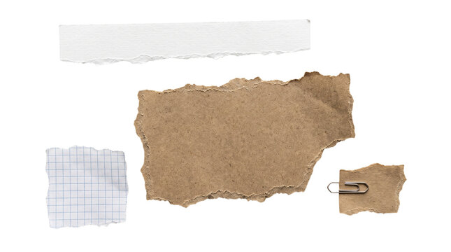 Set of torn paper scraps and paperclip isolated on transparent background