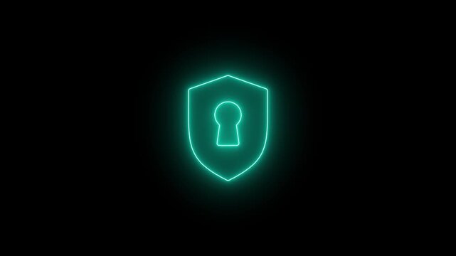 Glowing neon security CLD lock icon animation cyber security privacy defense secure access authentication data safety technology symbol and black background