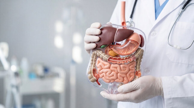 Doctor in lab coat holding a human digestive system model. Perfect for medical education, healthcare, and anatomy concepts