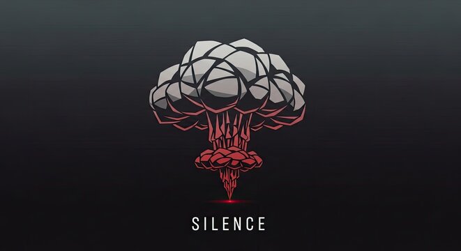 Stylized mushroom cloud illustration with the text silence.