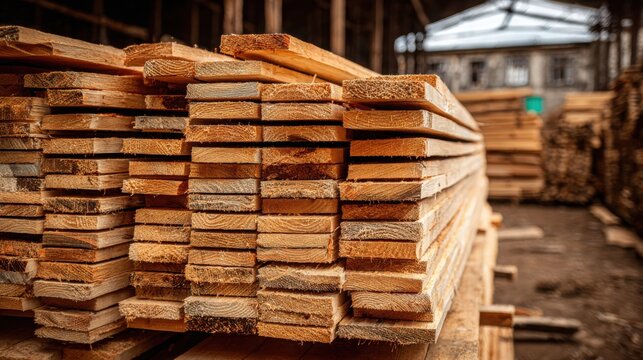 Stacks of Freshly Cut Wooden Planks in Natural Light, Showcasing Timber Material for Construction and Woodworking Projects