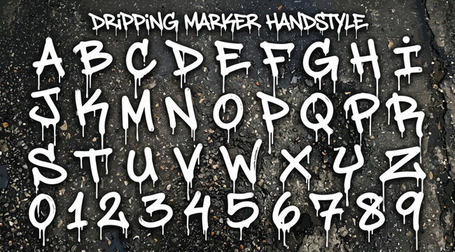 Dripping marker handstyle graffiti alphabet and numbers set