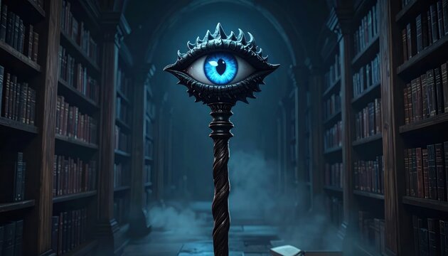 Mysterious glowing eye in library.
