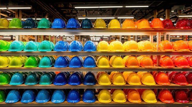 Vibrant array of brightly colored safety hard hats stacked on shelves at a construction equipment storage facility