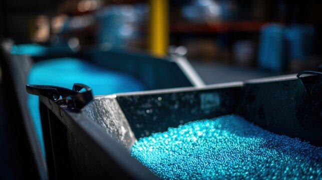 Vibrant Blue Plastic Pellets Stacked in Industrial Manufacturing Container