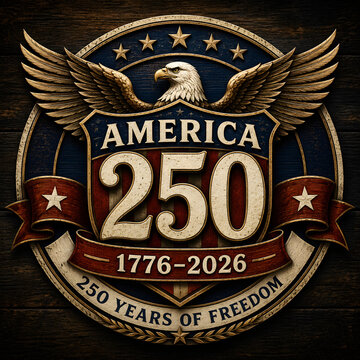 American bald eagle crest for 250 years of freedom anniversary with shield and wood grain.