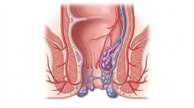 Anatomical illustration of hemorrhoids and rectal veins